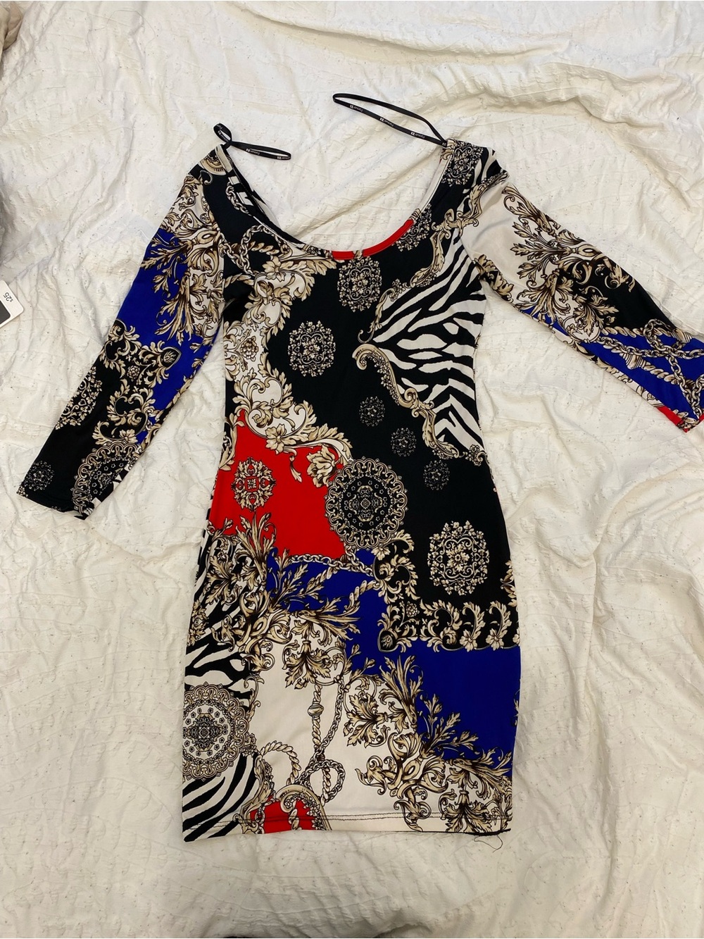 Women’s Mixed Print Bodycon Dress - Black, Red & Blue